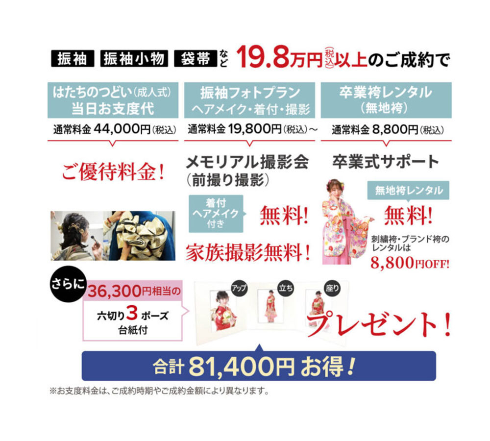 MK HAPPY SUPPORT はたちのつどい当日お支度・振袖フォトプラン・卒業袴レンタル特典